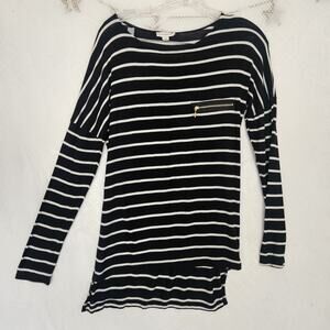 Zenana Outfitters Small Black White Stripe Top Drop Shoulder High Low Hem Casual